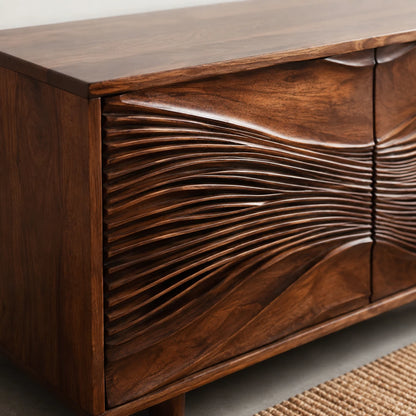 Carved Wave Natural Solid Wood TV Stand with Four Door Storage - Livewoodcraft - 4