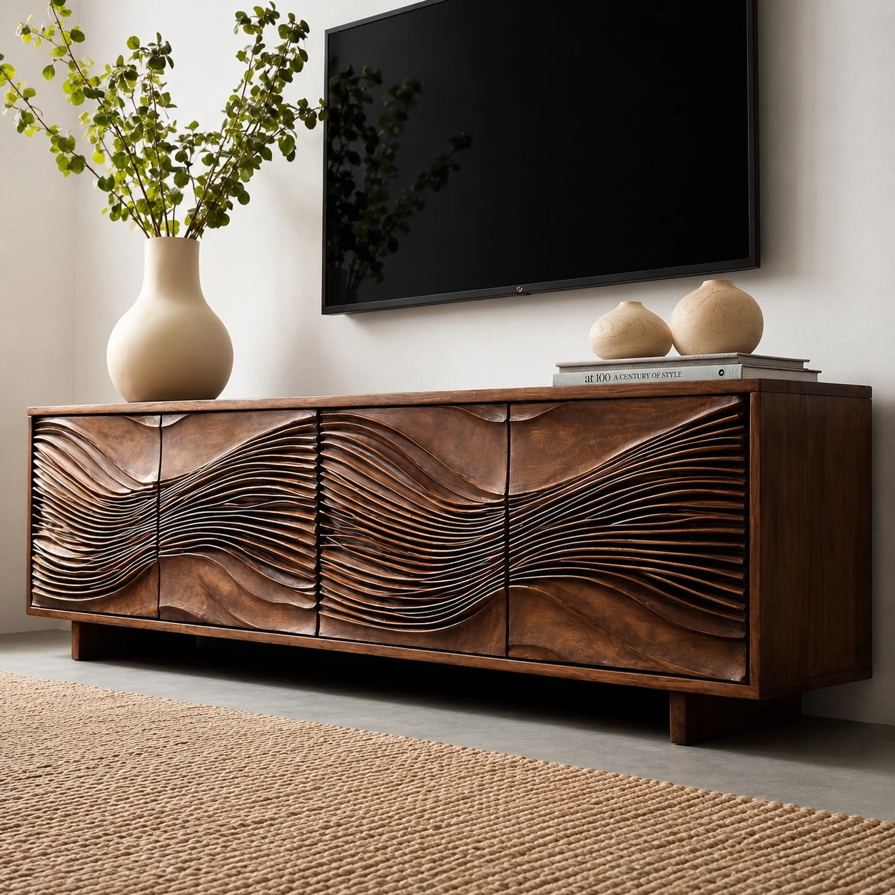 Carved Wave Natural Solid Wood TV Stand with Four Door Storage - Livewoodcraft - 5