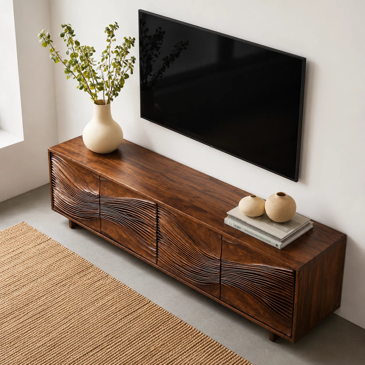 Carved Wave Natural Solid Wood TV Stand with Four Door Storage - Livewoodcraft - 6