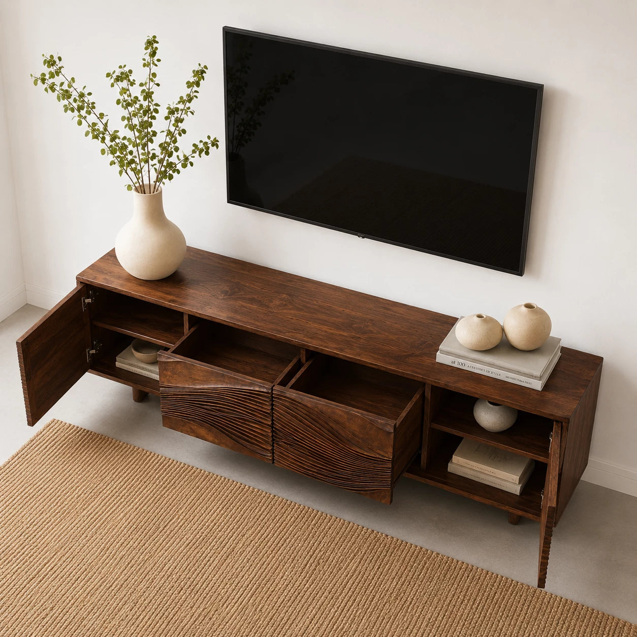 Carved Wave Natural Solid Wood TV Stand with Four Door Storage - Livewoodcraft - 7