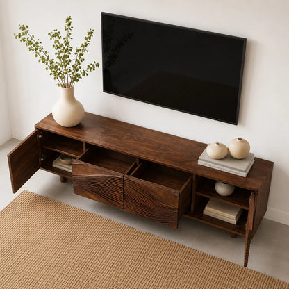 Carved Wave Natural Solid Wood TV Stand with Four Door Storage - Livewoodcraft - 7
