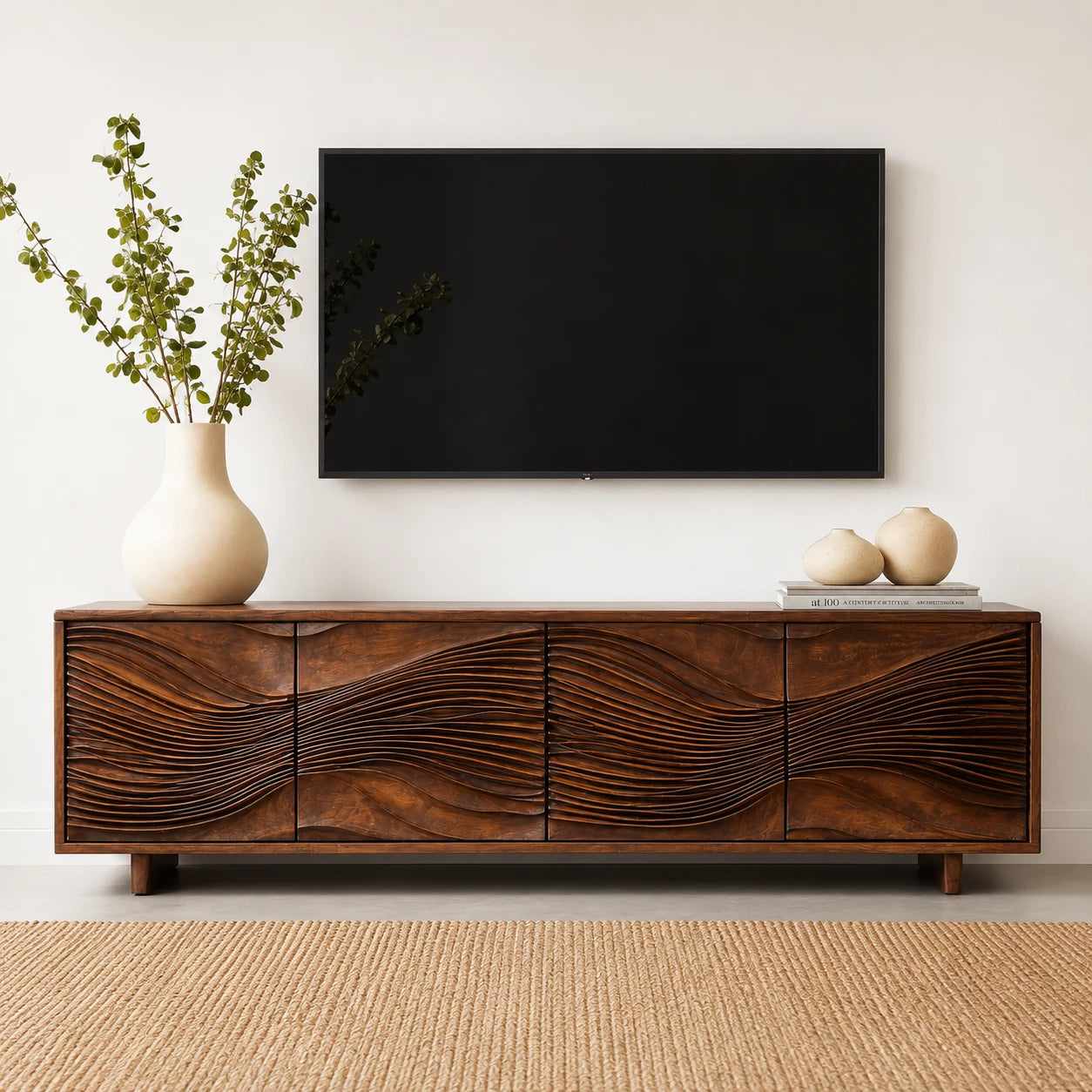 Carved Wave Natural Solid Wood TV Stand with Four Door Storage - Livewoodcraft - 8