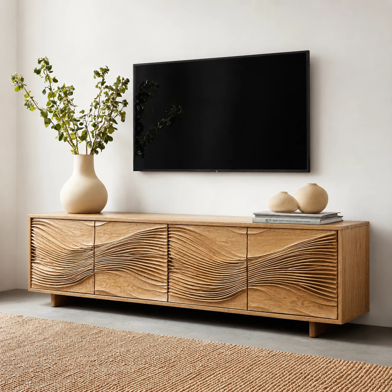 Carved Wave Natural Solid Wood TV Stand with Four Door Storage - Livewoodcraft - 9