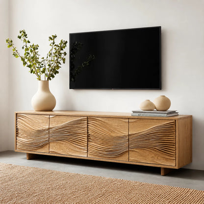Carved Wave Natural Solid Wood TV Stand with Four Door Storage - Livewoodcraft - 9