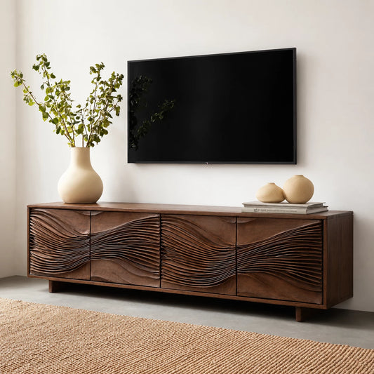 Carved Wave Natural Solid Wood TV Stand with Four Door Storage - Livewoodcraft