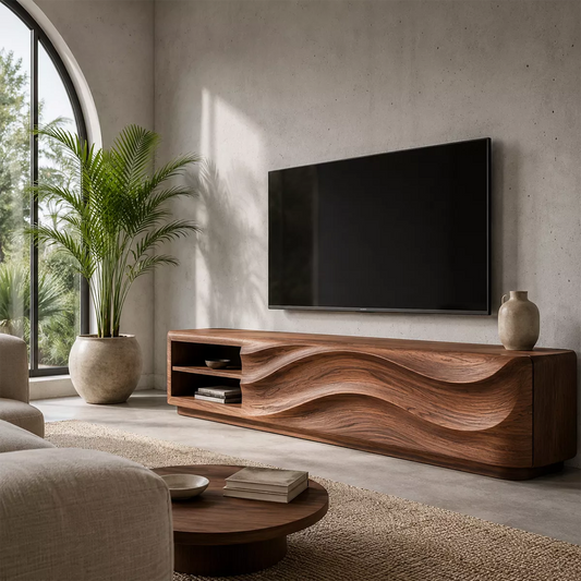 Carved Wave Solid Wood TV Stand With Open Side Shelf And Hidden Storage For Living Room - Livewoodcraft