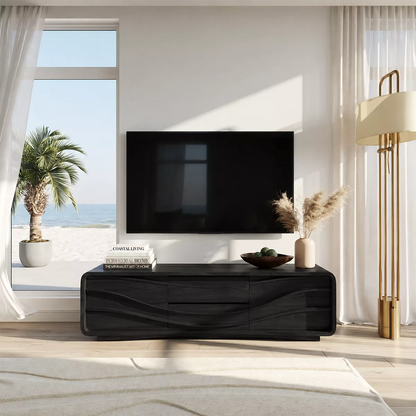 Carved Wave Solid Wood TV Stand With Rounded Frame And Hidden Storage For Living Room - Livewoodcraft - 2