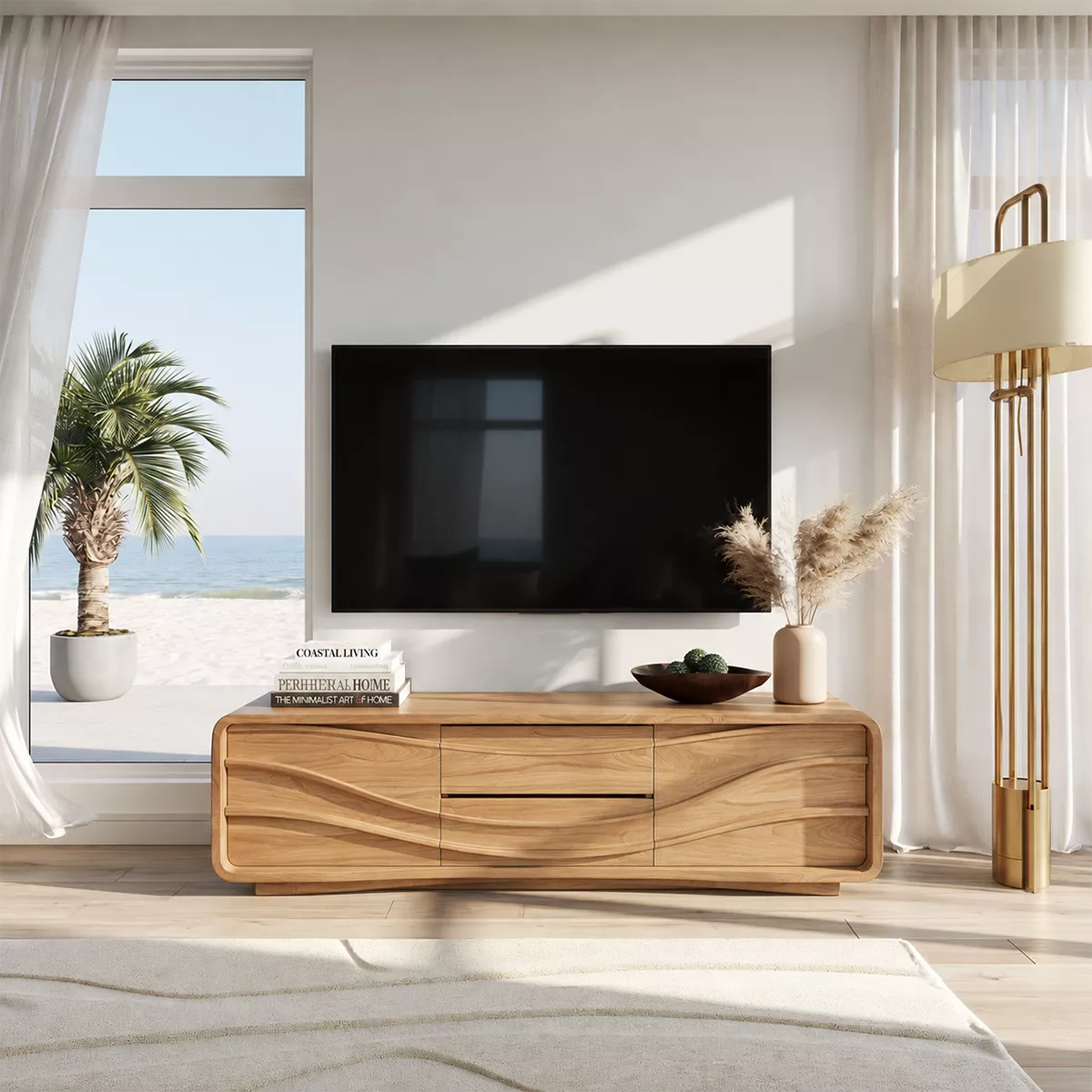 Carved Wave Solid Wood TV Stand With Rounded Frame And Hidden Storage For Living Room - Livewoodcraft - 3