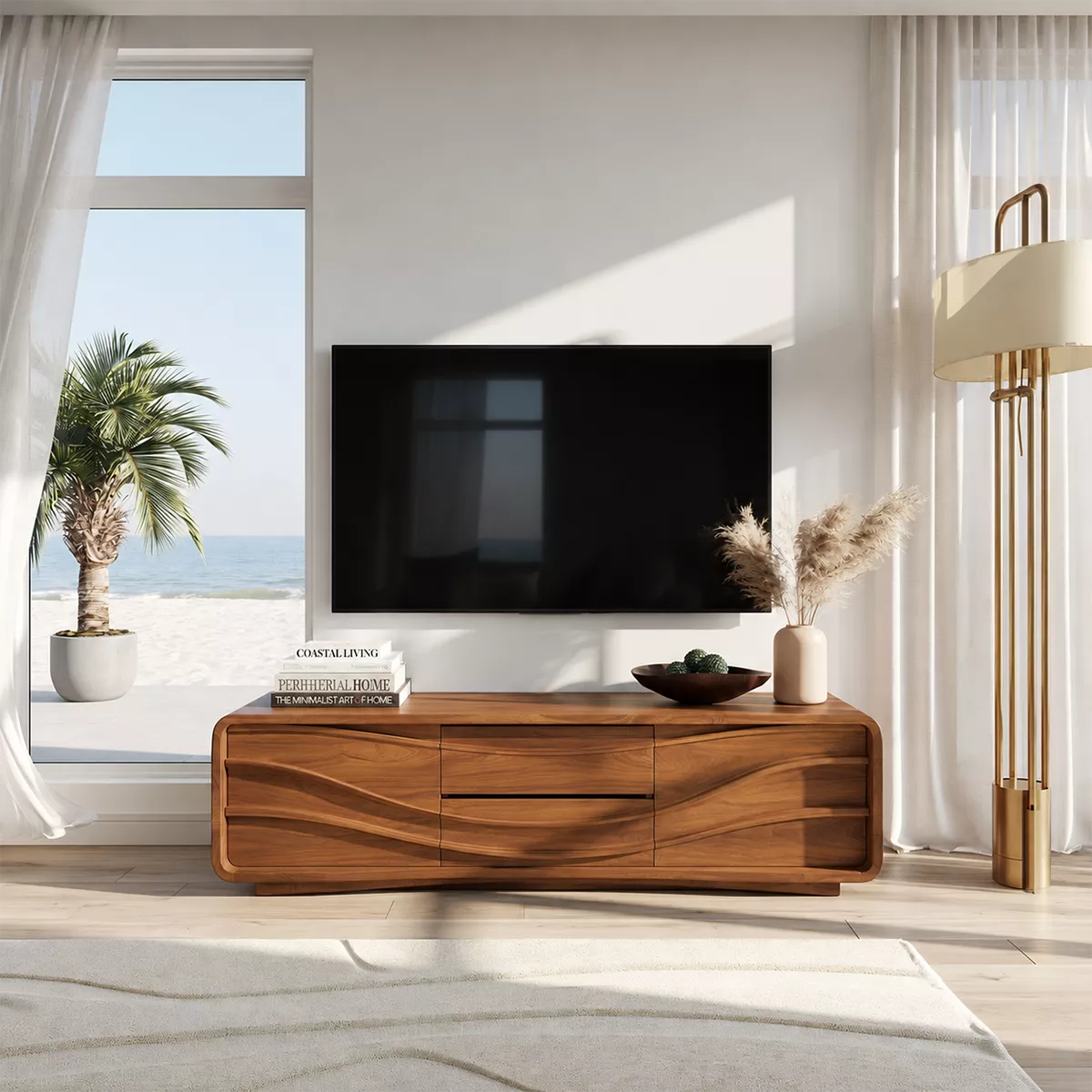 Carved Wave Solid Wood TV Stand With Rounded Frame And Hidden Storage For Living Room - Livewoodcraft - 4
