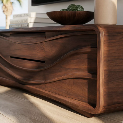 Carved Wave Solid Wood TV Stand With Rounded Frame And Hidden Storage For Living Room - Livewoodcraft - 5