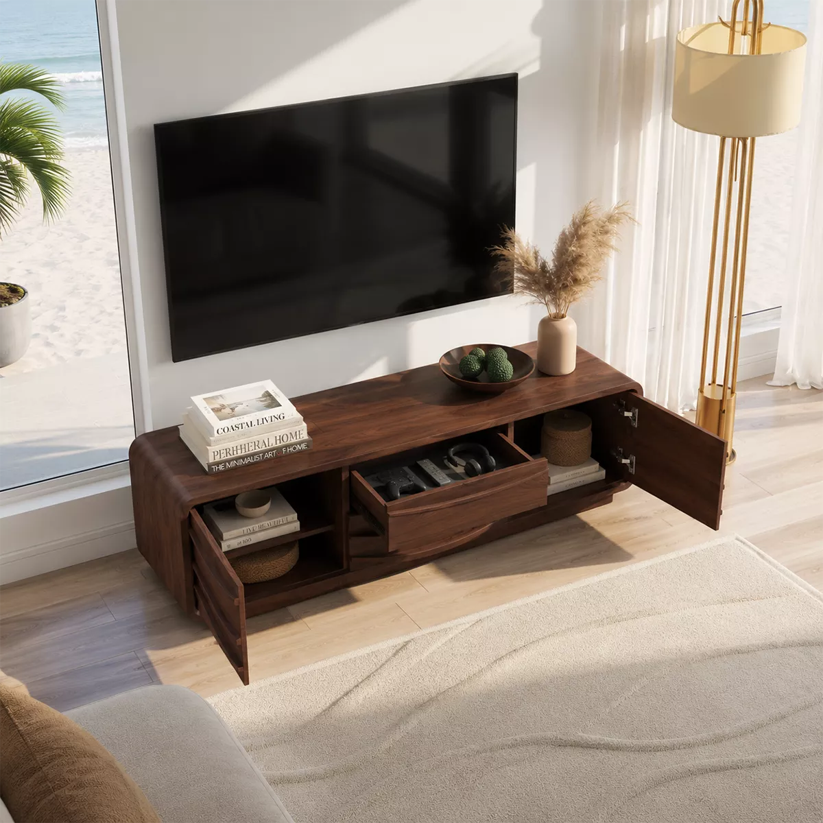 Carved Wave Solid Wood TV Stand With Rounded Frame And Hidden Storage For Living Room - Livewoodcraft - 6
