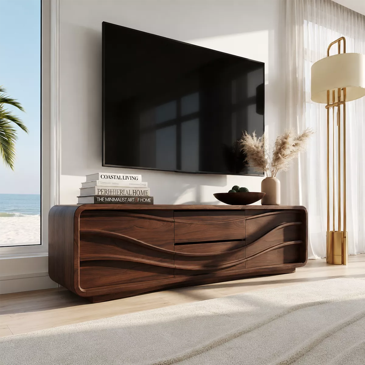Carved Wave Solid Wood TV Stand With Rounded Frame And Hidden Storage For Living Room - Livewoodcraft - 7