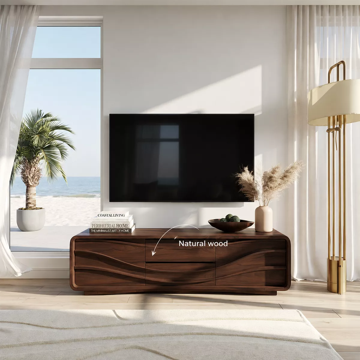 Carved Wave Solid Wood TV Stand With Rounded Frame And Hidden Storage For Living Room - Livewoodcraft - 9