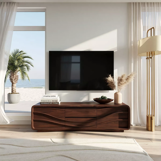 Carved Wave Solid Wood TV Stand With Rounded Frame And Hidden Storage For Living Room - Livewoodcraft