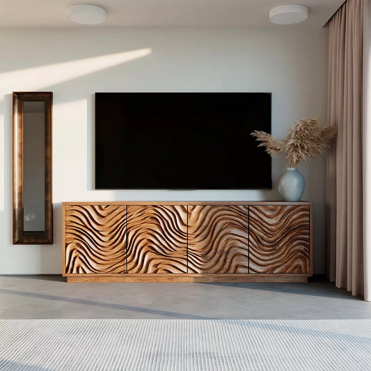 Carved Wave Solid Wood TV Stand With Sculptural Cabinet Front And Hidden Storage For Living Room - Livewoodcraft
