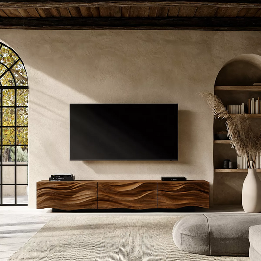 Carved Wave Solid Wood TV Stand With Sculptural Front And Natural Wood Grain For Living Room - Livewoodcraft