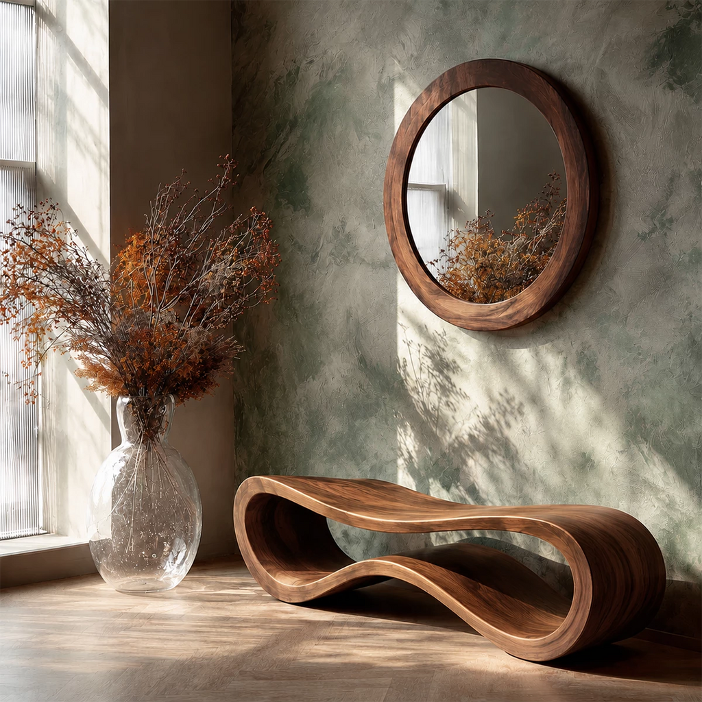 Sculptural Wave Wood Bench – Organic Natural Wood Entryway Bench for Modern Interiors