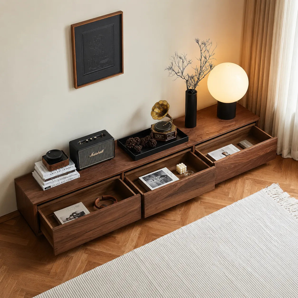 Contemporary Low Profile TV Stand with Seamless Storage Panels - Livewoodcraft - 6