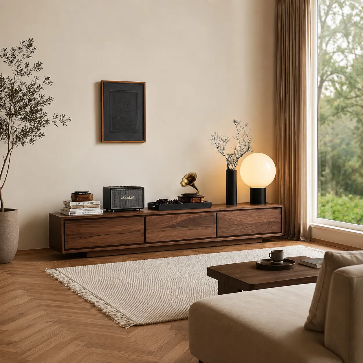 Contemporary Low Profile TV Stand with Seamless Storage Panels - Livewoodcraft - 7