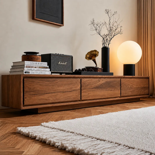 Contemporary Low Profile TV Stand with Seamless Storage Panels - Livewoodcraft
