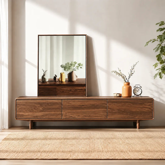 Contemporary Natural Solid Wood TV Stand with Concealed Storage - Livewoodcraft