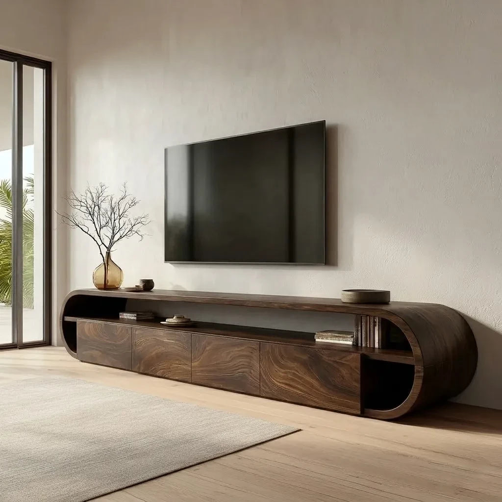 Curved Edge Natural Solid Wood TV Stand with Open Shelf Storage - Livewoodcraft - 10