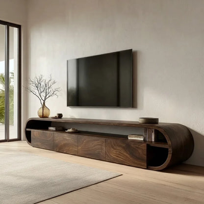 Curved Edge Natural Solid Wood TV Stand with Open Shelf Storage - Livewoodcraft - 10