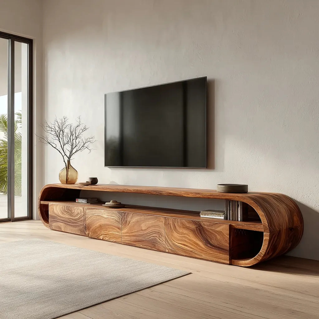 Curved Edge Natural Solid Wood TV Stand with Open Shelf Storage - Livewoodcraft - 11