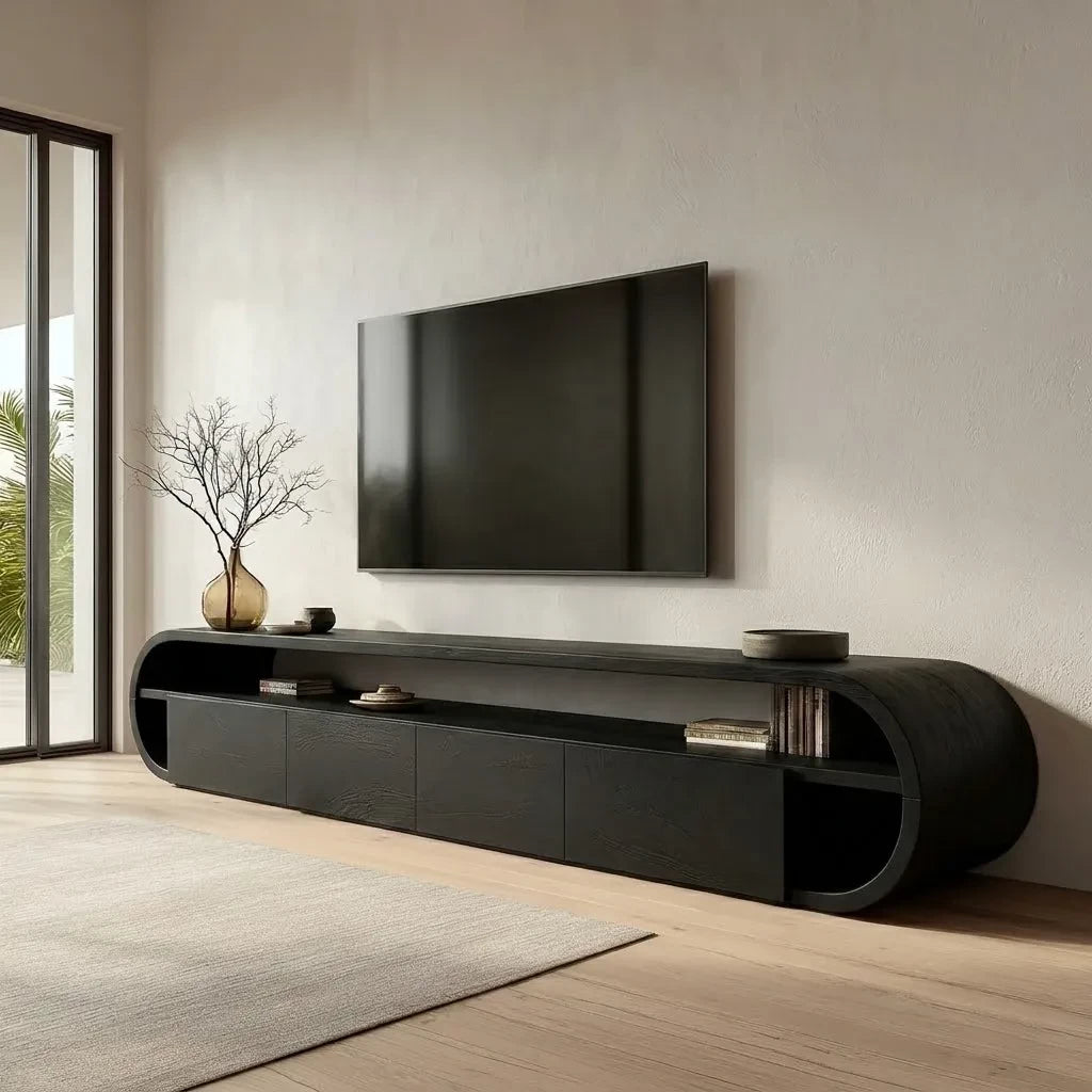 Curved Edge Natural Solid Wood TV Stand with Open Shelf Storage - Livewoodcraft - 12
