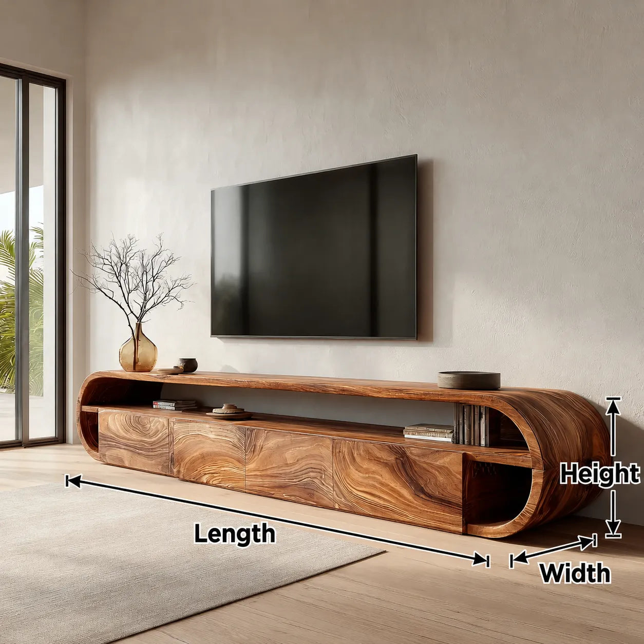 Curved Edge Natural Solid Wood TV Stand with Open Shelf Storage - Livewoodcraft - 2