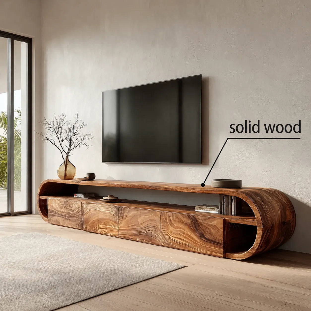 Curved Edge Natural Solid Wood TV Stand with Open Shelf Storage - Livewoodcraft - 3