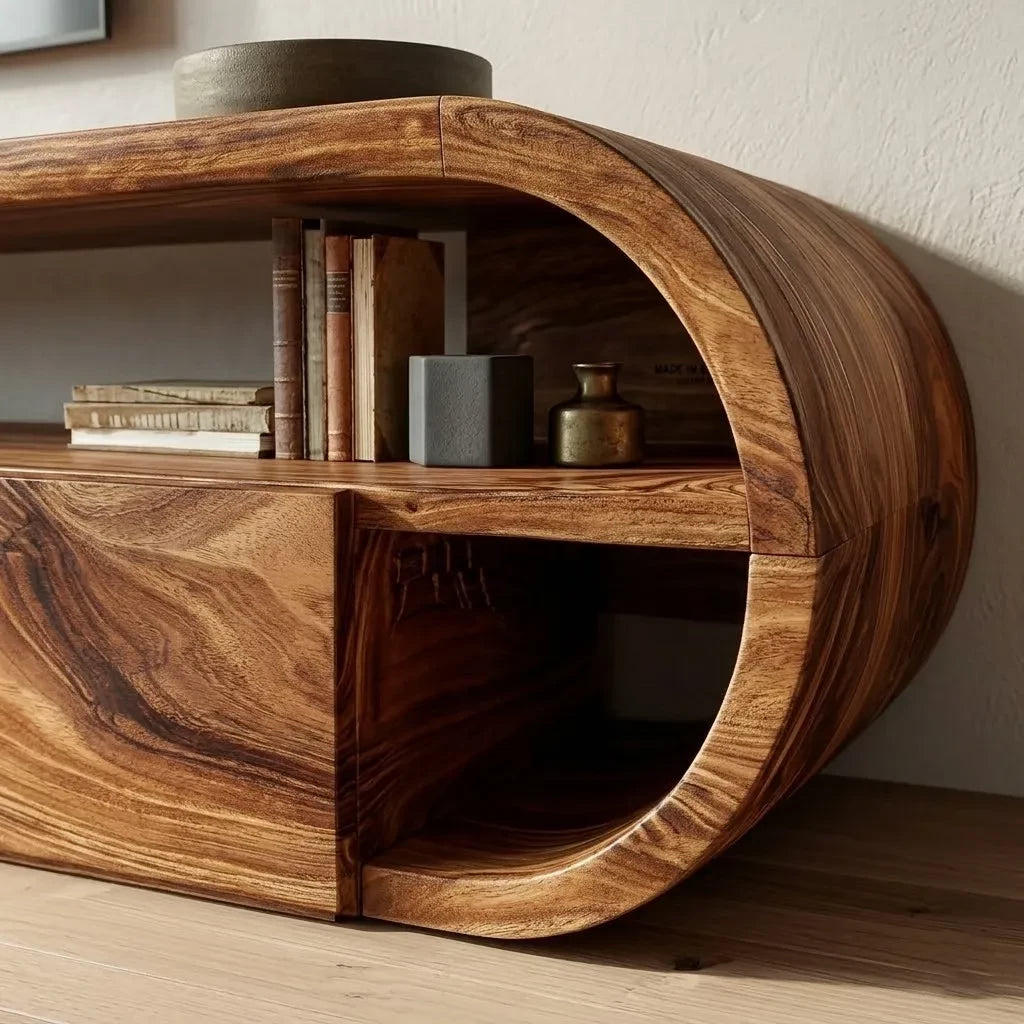 Curved Edge Natural Solid Wood TV Stand with Open Shelf Storage - Livewoodcraft - 4