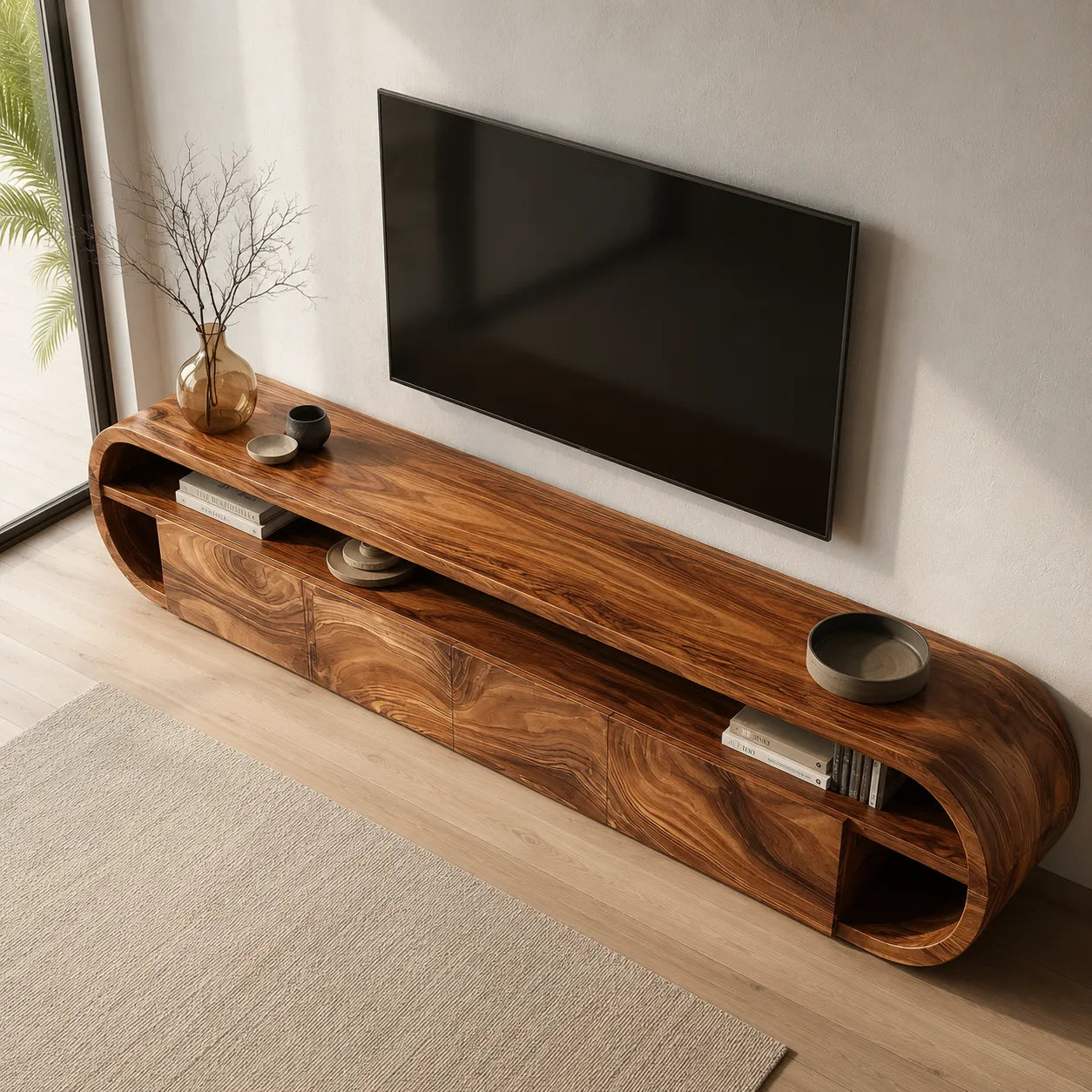 Curved Edge Natural Solid Wood TV Stand with Open Shelf Storage - Livewoodcraft - 5