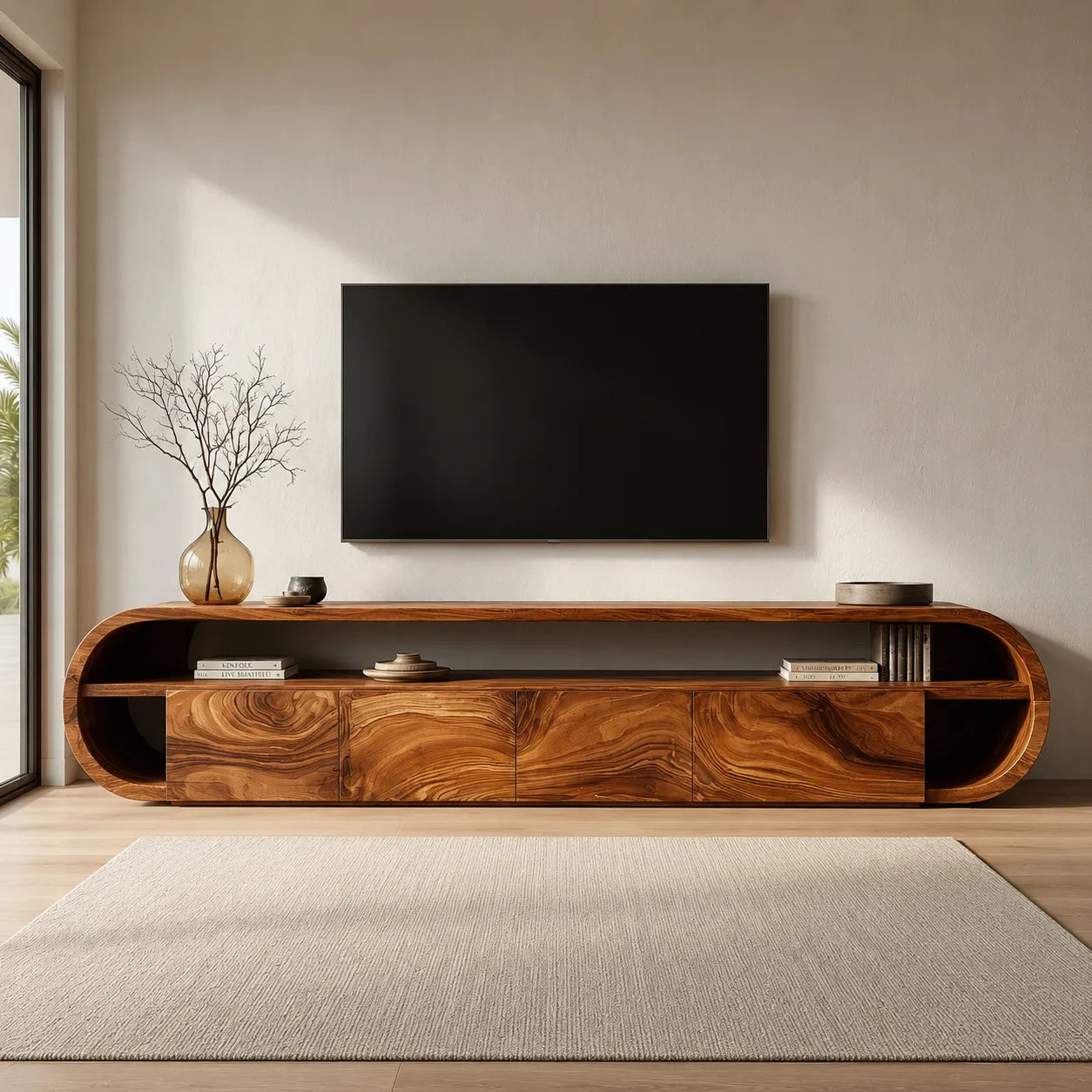 Curved Edge Natural Solid Wood TV Stand with Open Shelf Storage - Livewoodcraft - 6