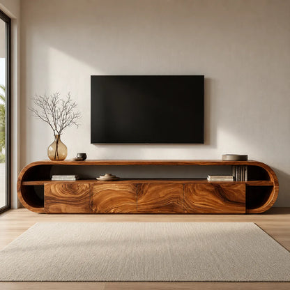 Curved Edge Natural Solid Wood TV Stand with Open Shelf Storage - Livewoodcraft - 6