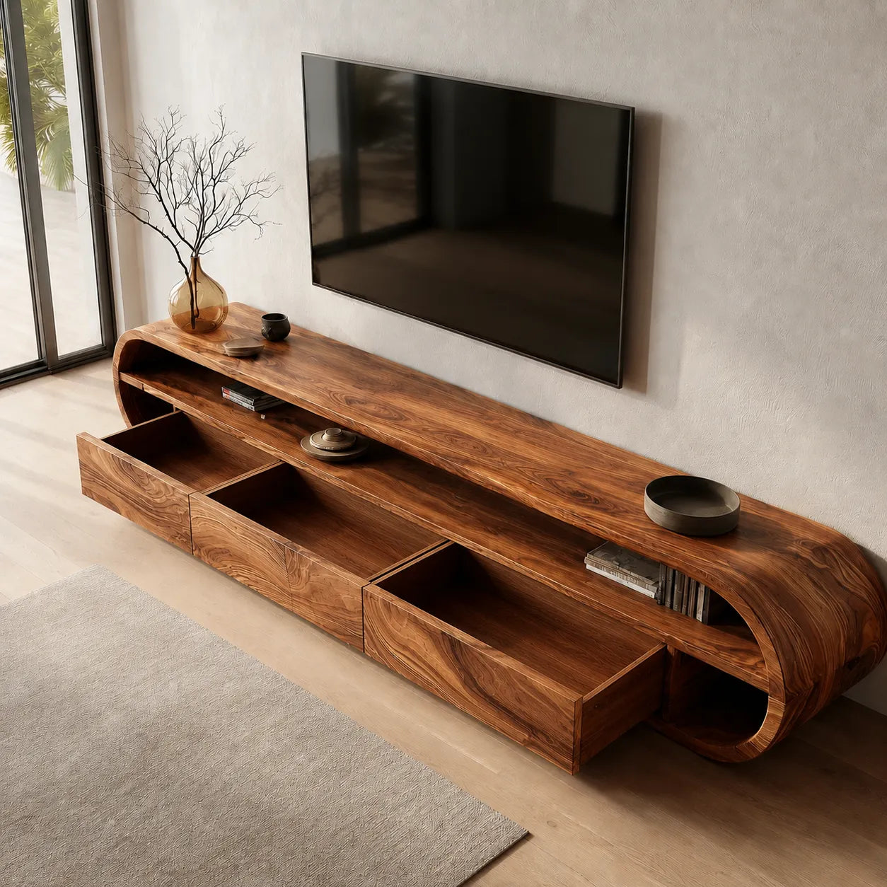 Curved Edge Natural Solid Wood TV Stand with Open Shelf Storage - Livewoodcraft - 7