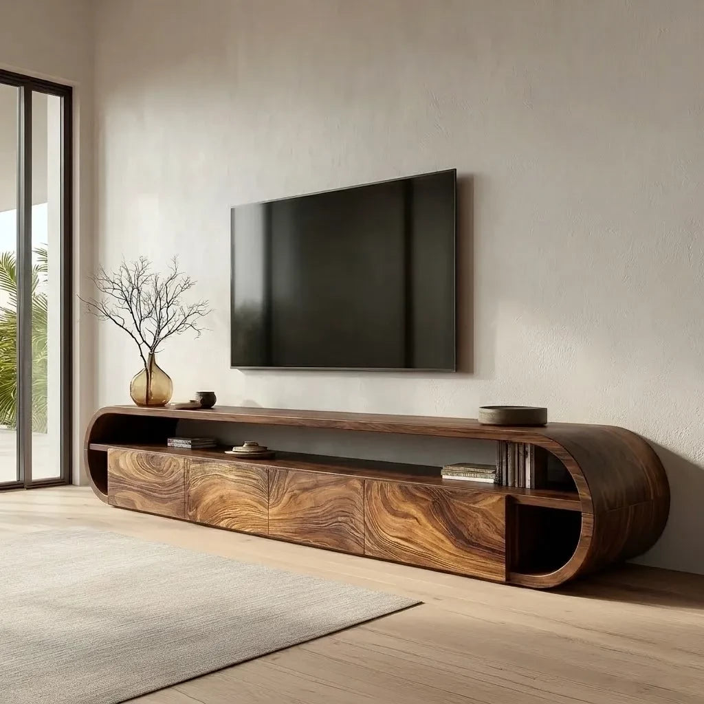 Curved Edge Natural Solid Wood TV Stand with Open Shelf Storage - Livewoodcraft - 8
