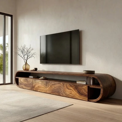 Curved Edge Natural Solid Wood TV Stand with Open Shelf Storage - Livewoodcraft - 8