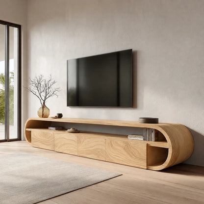 Curved Edge Natural Solid Wood TV Stand with Open Shelf Storage - Livewoodcraft - 9