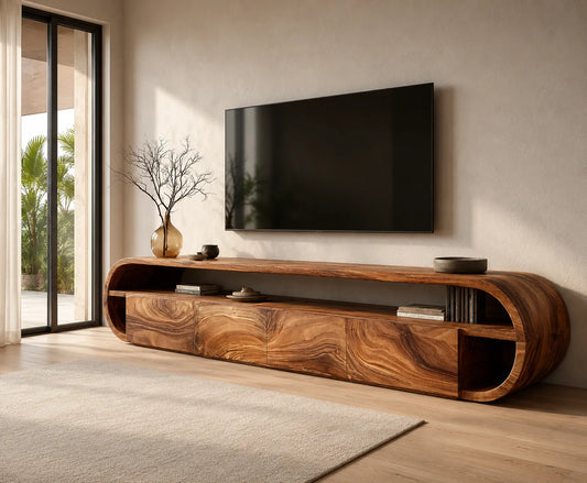 Curved Edge Natural Solid Wood TV Stand with Open Shelf Storage - Livewoodcraft