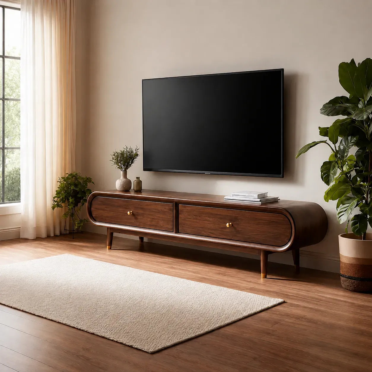 Curved Edge TV Stand with Dual Drawer Storage and Rounded Profile - Livewoodcraft - 11