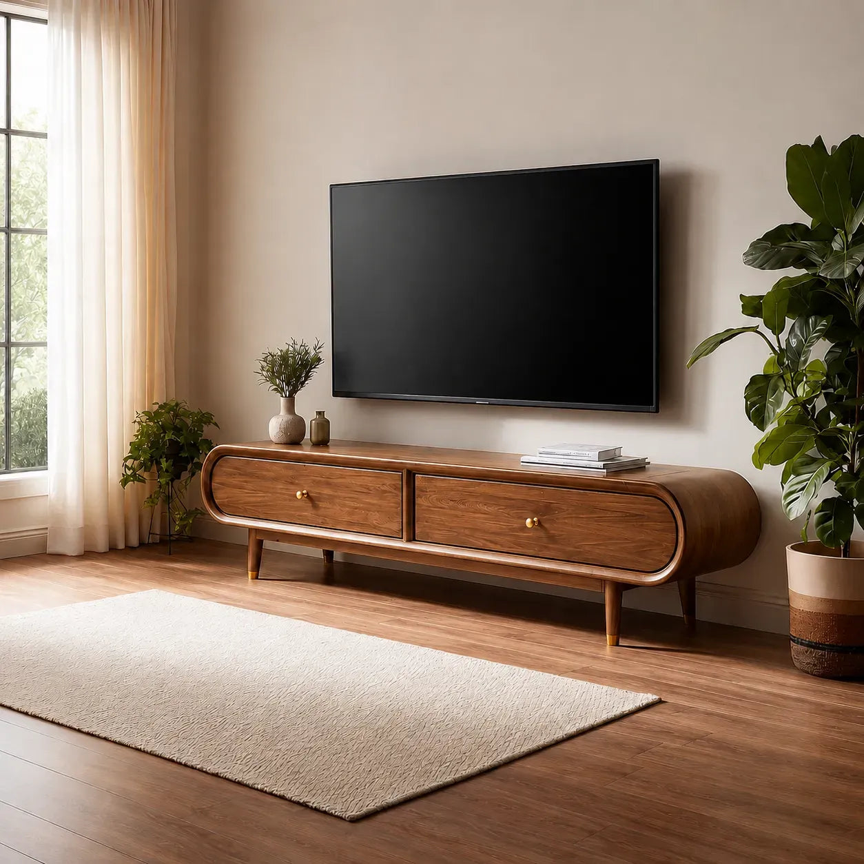 Curved Edge TV Stand with Dual Drawer Storage and Rounded Profile - Livewoodcraft - 12
