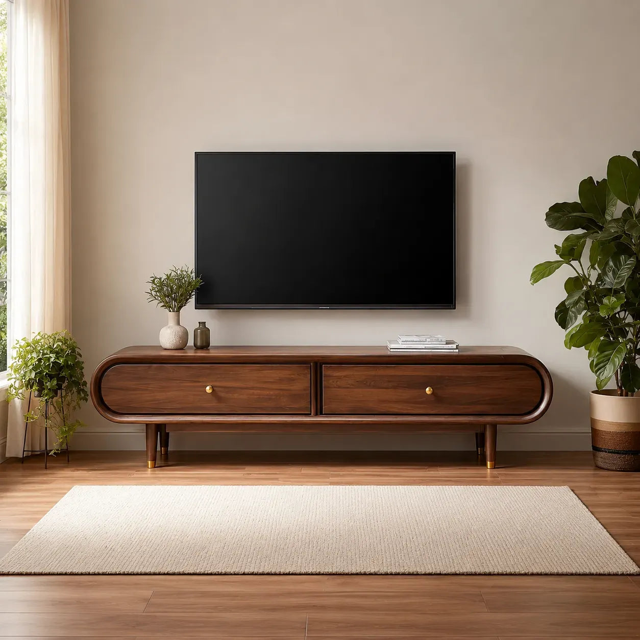 Curved Edge TV Stand with Dual Drawer Storage and Rounded Profile - Livewoodcraft - 5