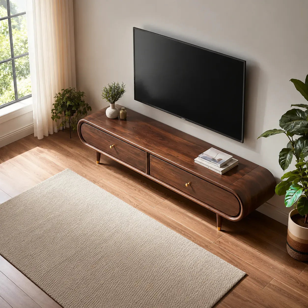 Curved Edge TV Stand with Dual Drawer Storage and Rounded Profile - Livewoodcraft - 6