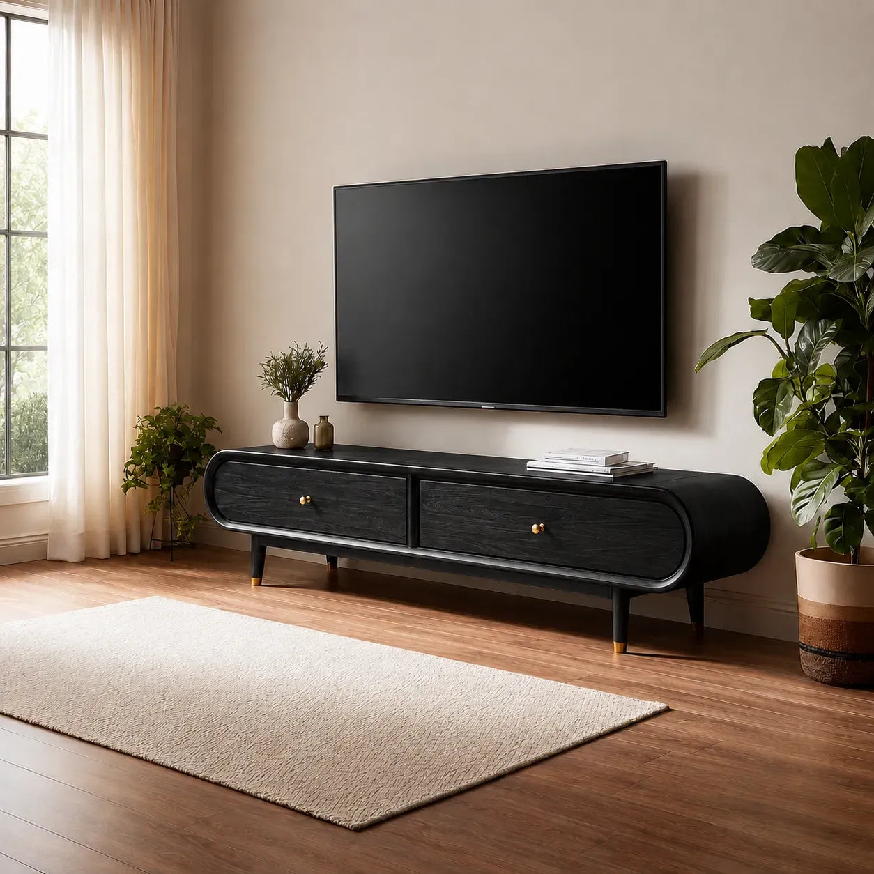 Curved Edge TV Stand with Dual Drawer Storage and Rounded Profile - Livewoodcraft - 9