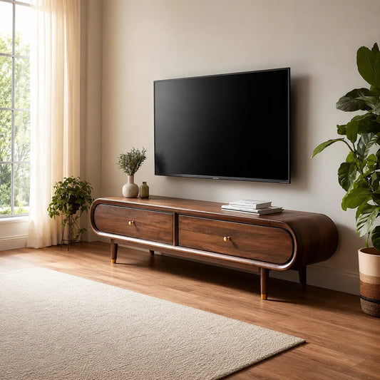 Curved Edge TV Stand with Dual Drawer Storage and Rounded Profile - Livewoodcraft