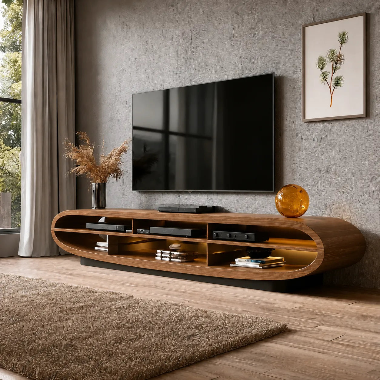 Curved Natural Solid Wood TV Stand with Open Media Console Storage - Livewoodcraft - 10
