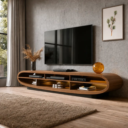 Curved Natural Solid Wood TV Stand with Open Media Console Storage - Livewoodcraft - 10