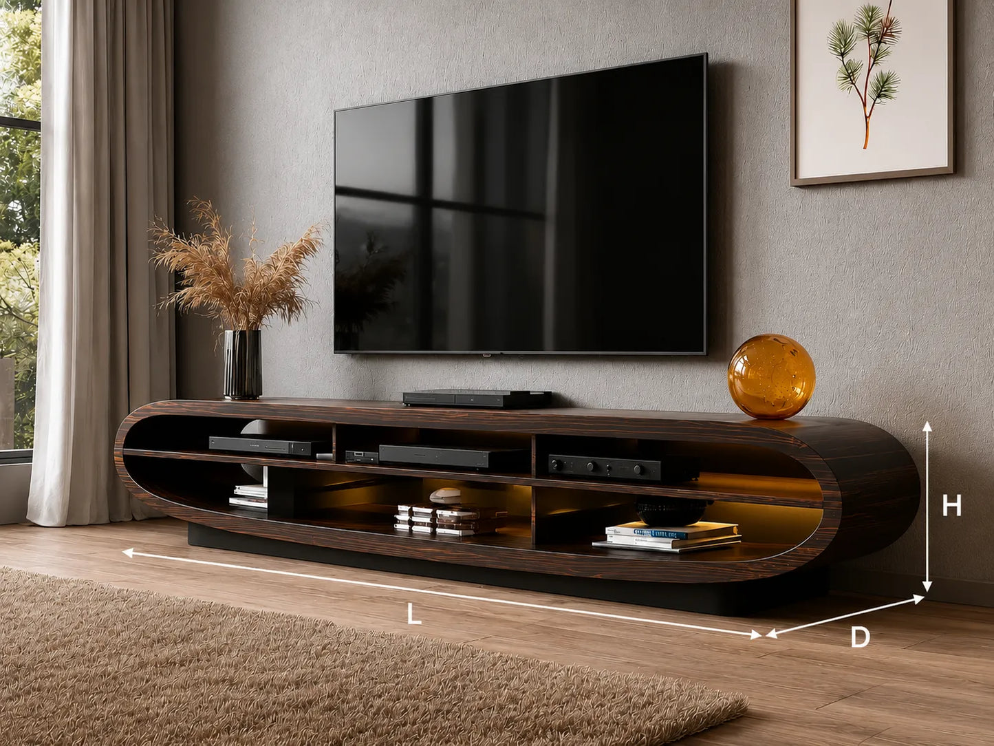 Curved Natural Solid Wood TV Stand with Open Media Console Storage - Livewoodcraft - 3