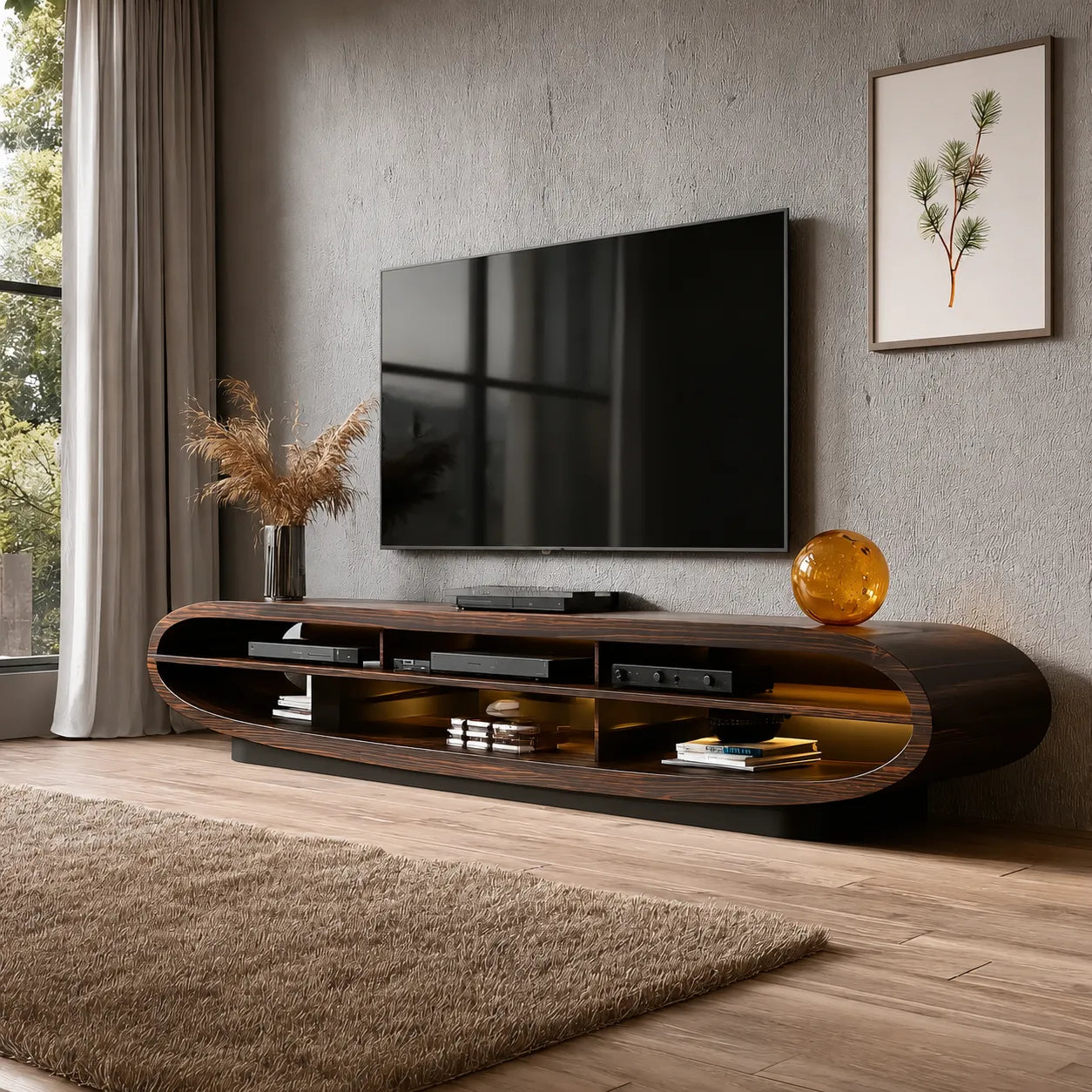 Curved Natural Solid Wood TV Stand with Open Media Console Storage - Livewoodcraft - 5